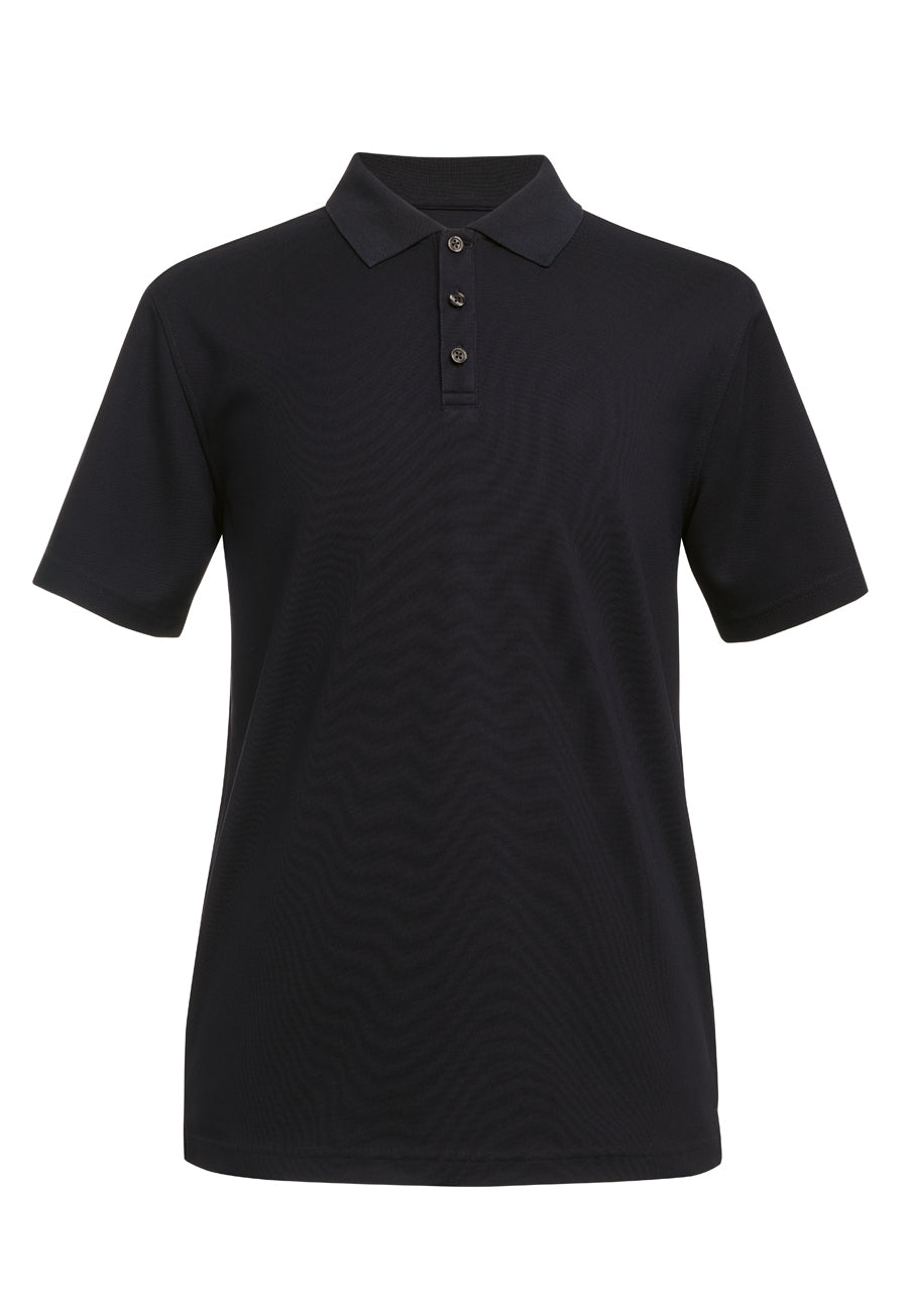 a black polo shirt on a white background