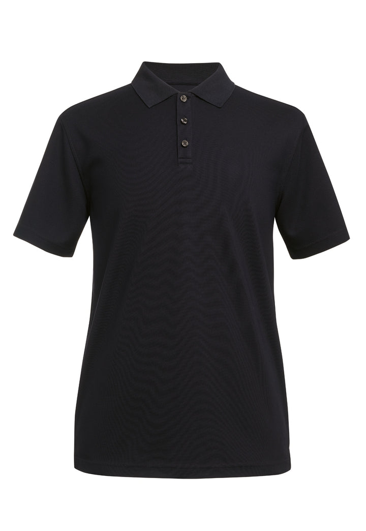 a black polo shirt on a white background