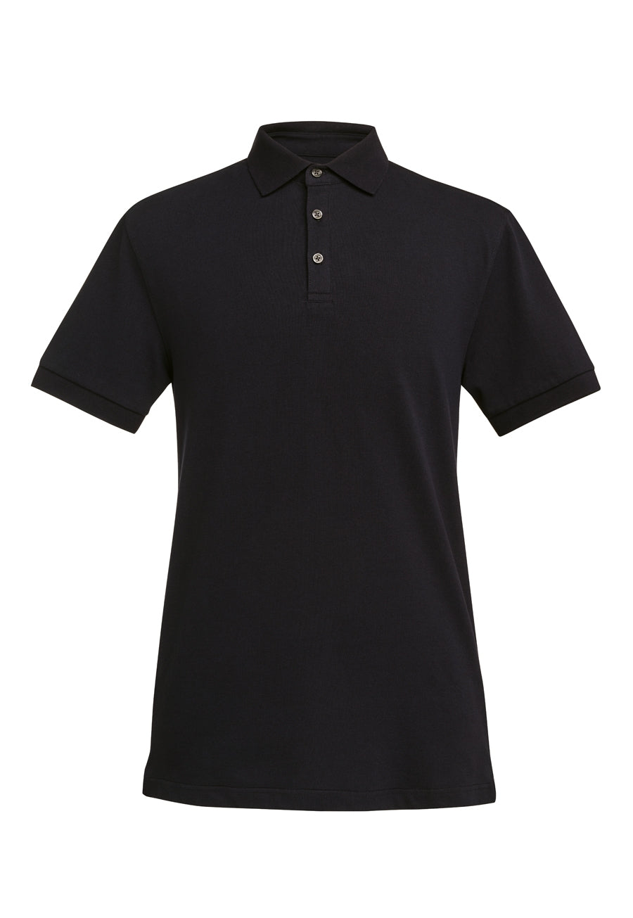 a black polo shirt on a white background