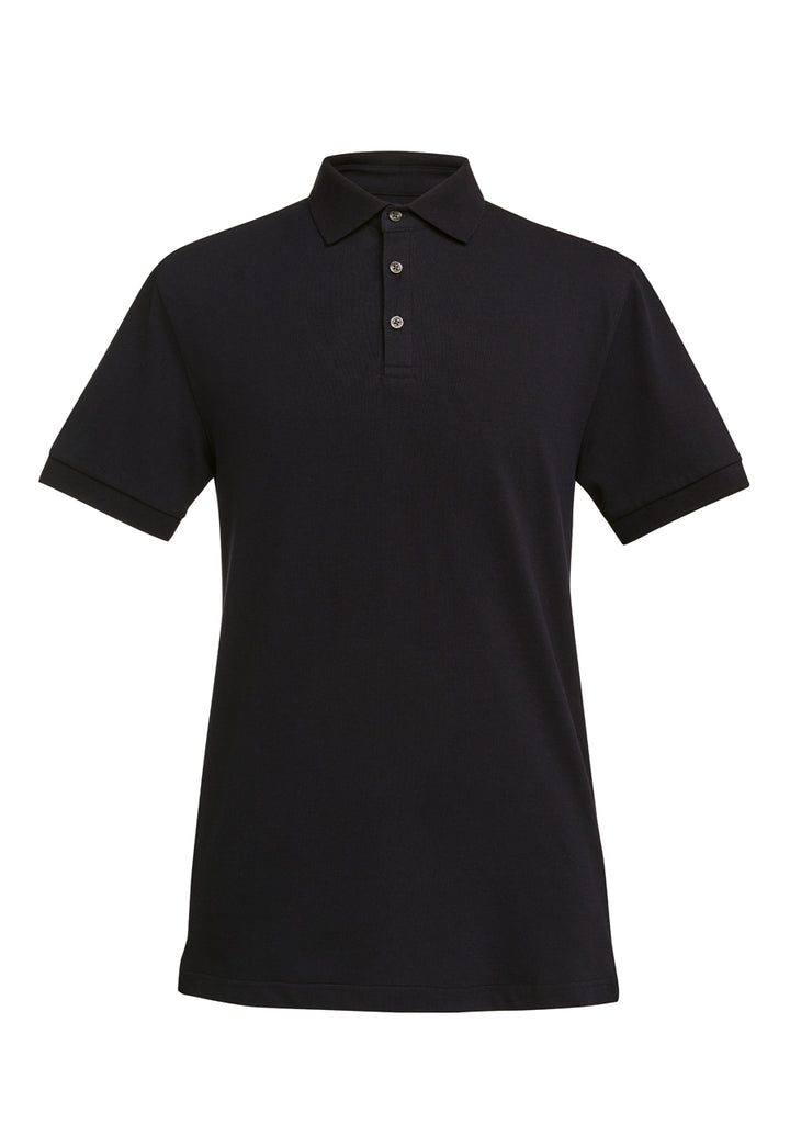 a black polo shirt on a white background