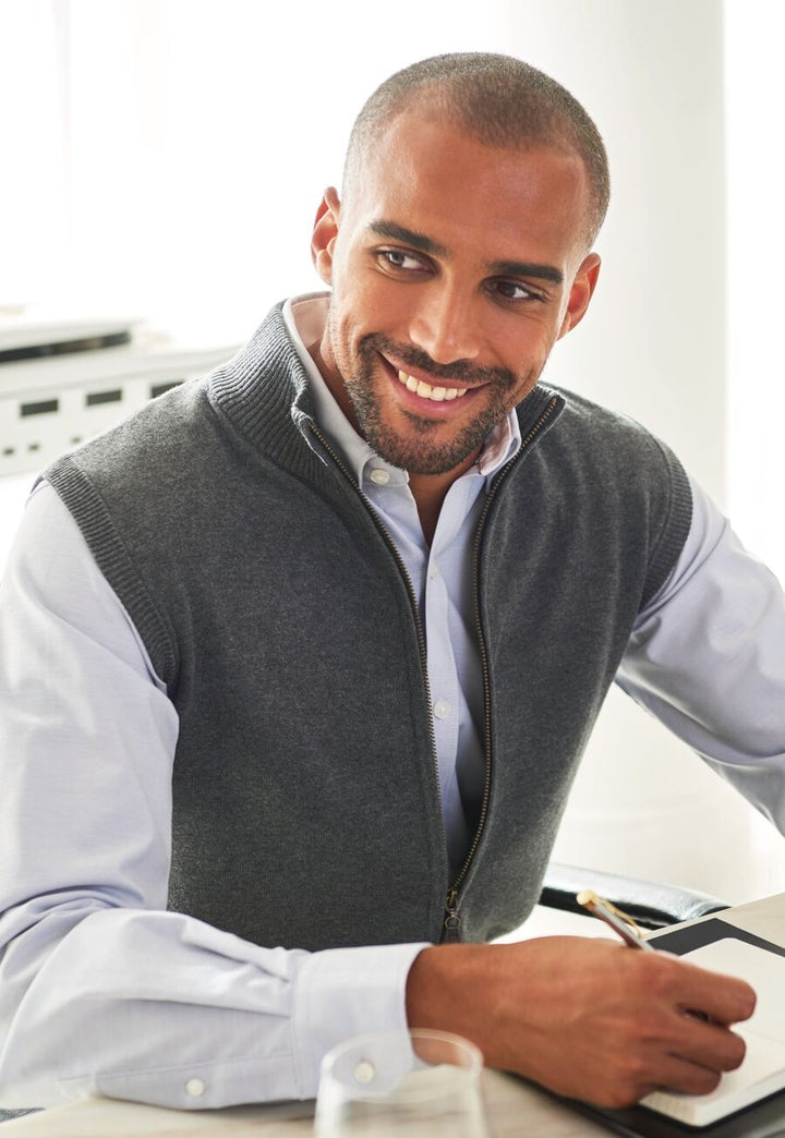 model wearing Lincoln Knitted Zip Gilet